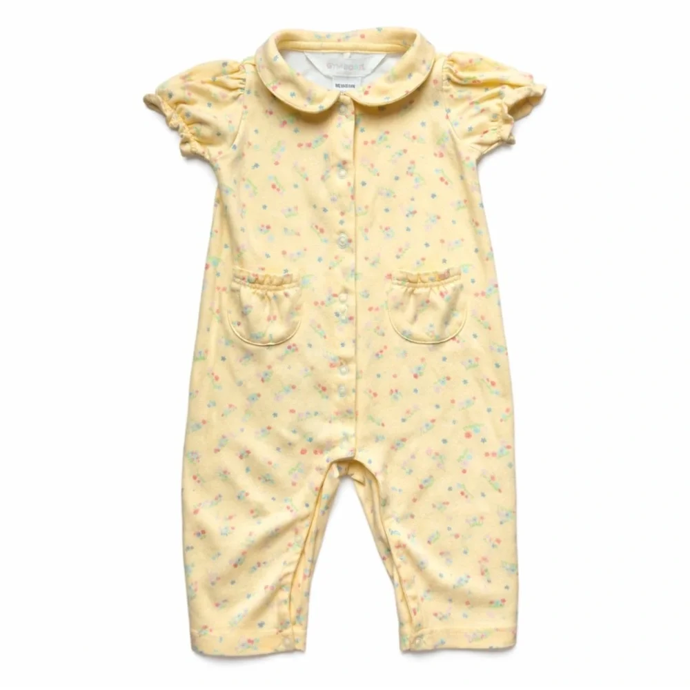 Gymboree Newborn 3-6M Yellow Floral Romper Peter Pan Collar Vintage 90s Spring